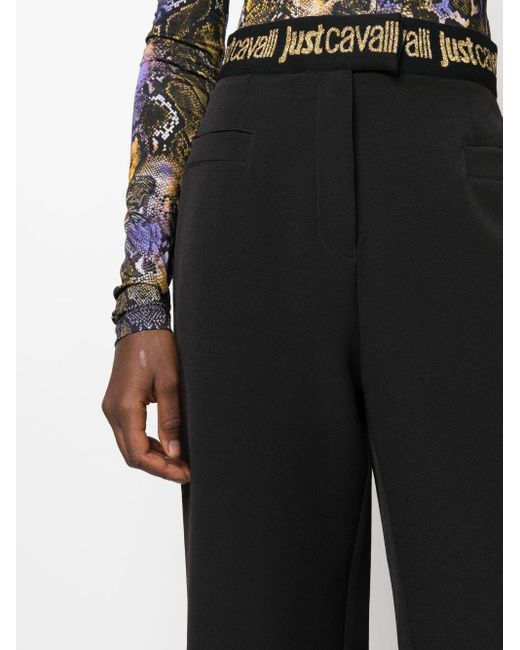 Just Cavalli Black Logo-waistband Wide-leg Trousers