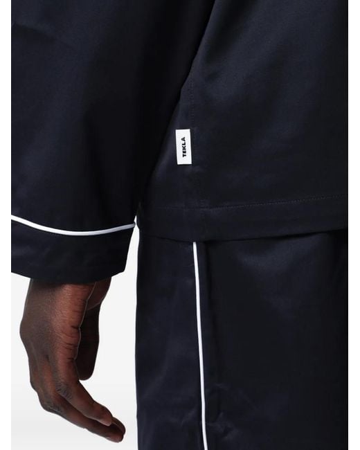 Tekla Blue Contrast-Piping Pajamas Shirt for men