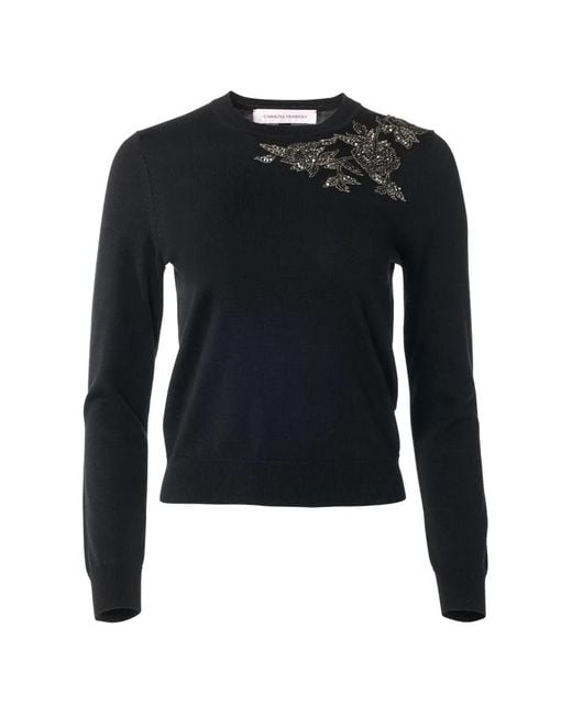 Carolina Herrera Blue Floral-Embroidered Sweater