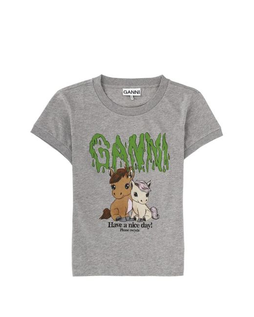 Ganni Gray Graphic-Print Cotton T-Shirt