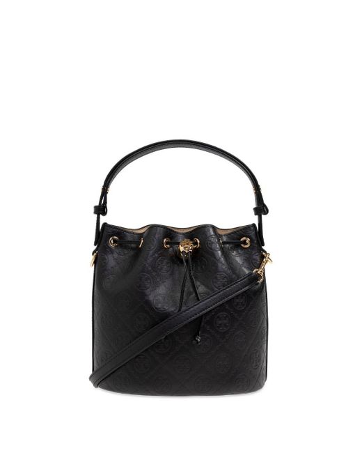 Tory Burch Black All-Over-Debossed Logo Bucket Bag