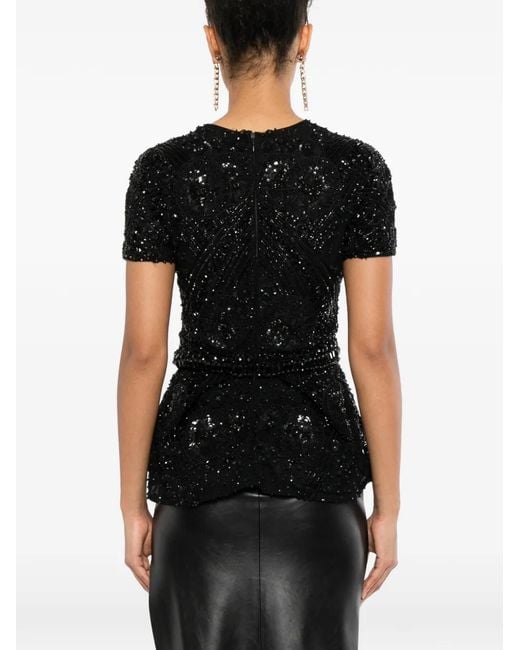 Naeem Khan Black Bead-Embellished Peplum Top
