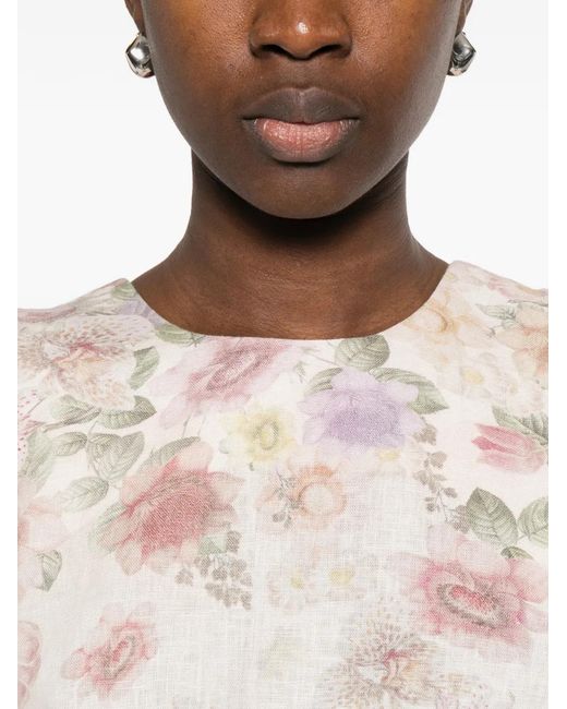 Twinset White Linen Floral Short Dress With Embroidery