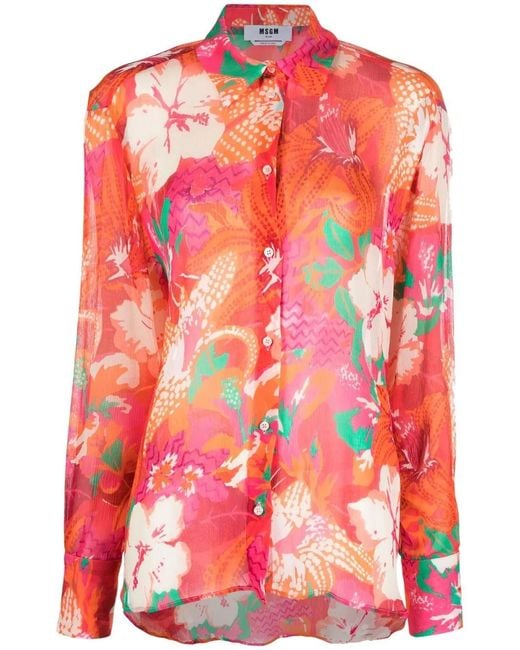 MSGM Red Chemise En Crêpe De Chine À Fleurs