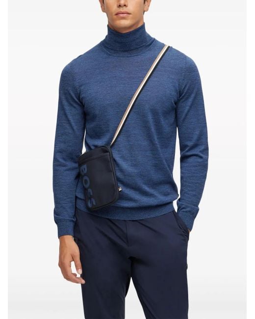 Boss Blue Logo-Print Canvas Crossbody Bag for men