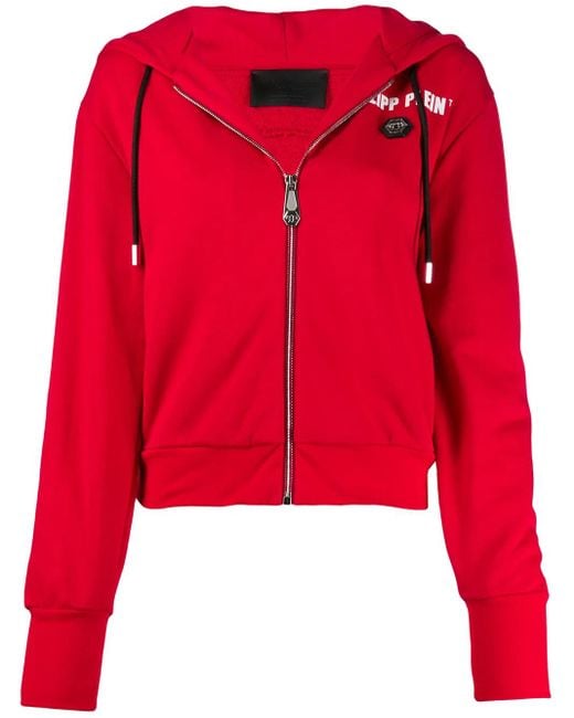 Philipp Plein Red Zip-up Logo Print Hoodie