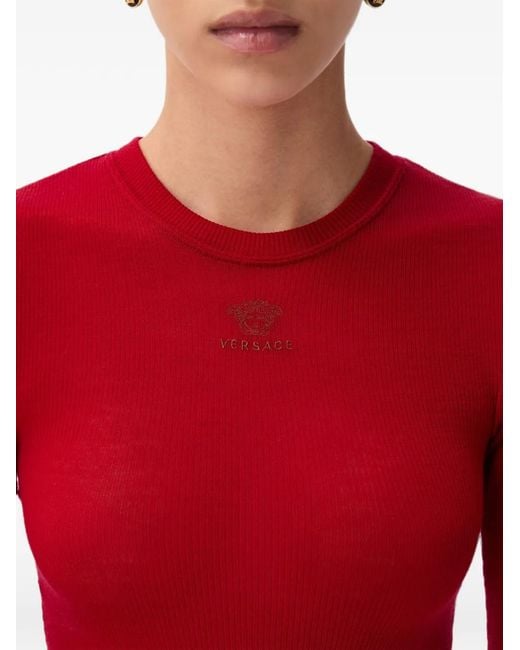 Versace Red T-Shirt En Maille De Laine À Logo Brodé