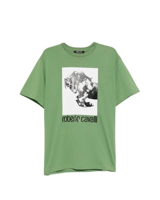 Roberto Cavalli Green Graphic-Print Cotton T-Shirt for men