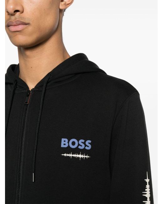 メンズ Boss グラフィック フーデッドジャケット Black