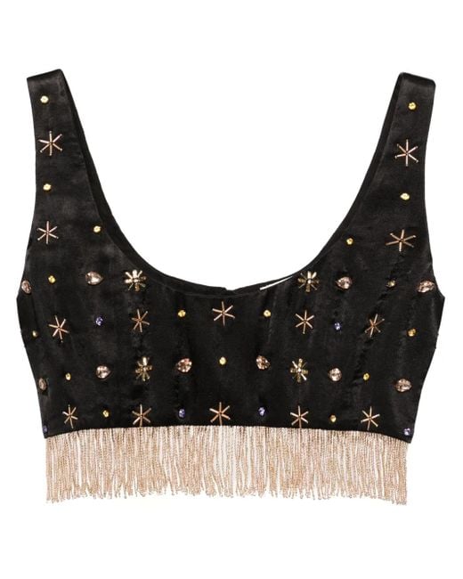 Forte_forte Black Fringed Bead-Embellished Crop Top