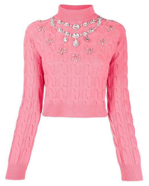 Rabanne Pink Crystal-embellished Cabe-knit Jumper