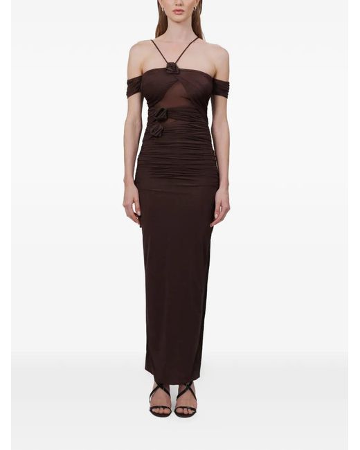Maygel Coronel Brown Ruched Floral-Detail Midi Dress