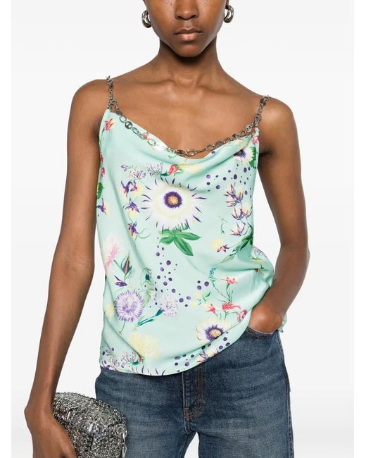 Rabanne Blue Chain-Detail Cowl-Neck Floral-Print Top