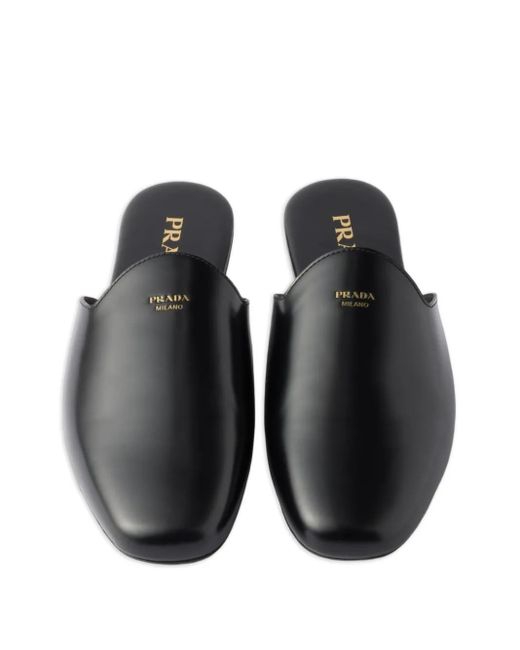 Prada Black Embossed-Logo Leather Mules