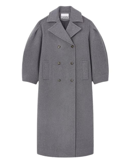 Ganni Gray Balloon-Sleeves Double-Breasted Coat