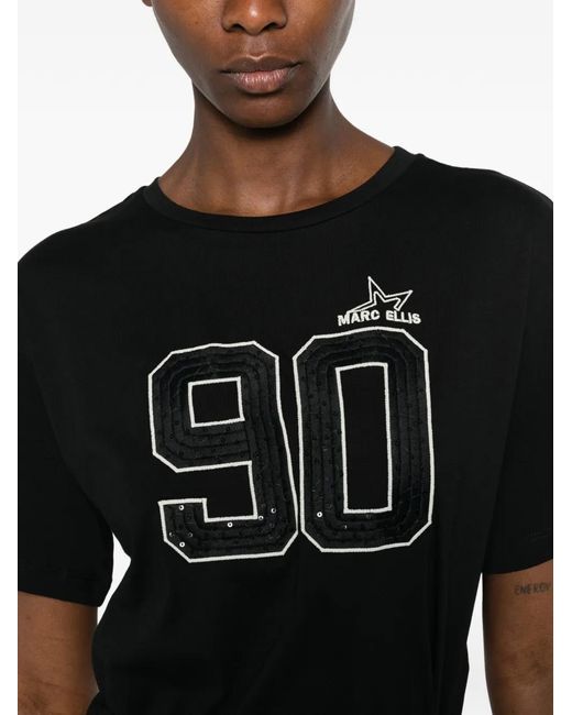 Marc Ellis Black Sequin-Embellished Logo-Print T-Shirt