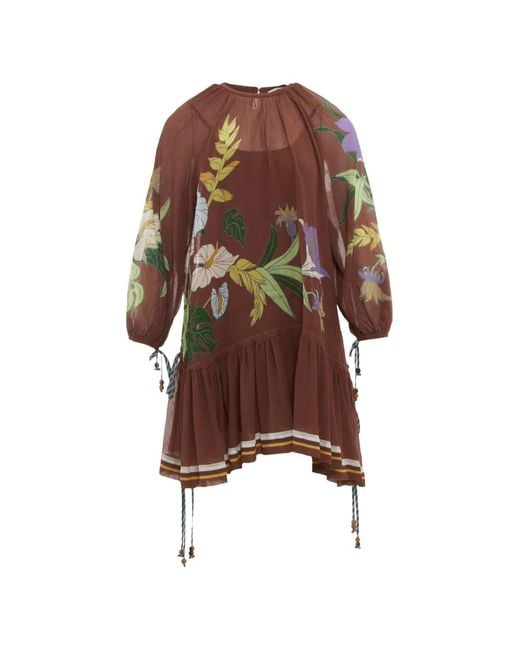 ALÉMAIS Brown Floral-Print Ruffled Mini Dress