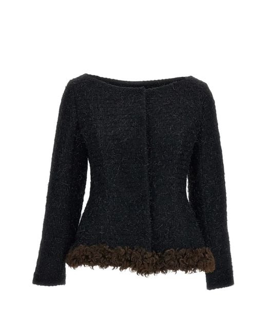 Simone Rocha Black Faux-Fur Trim Tweed Jacket