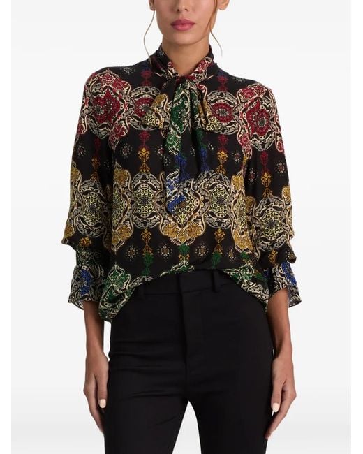 Alice + Olivia Green Lloyd Paisley-Print Tie-Neck Blouse