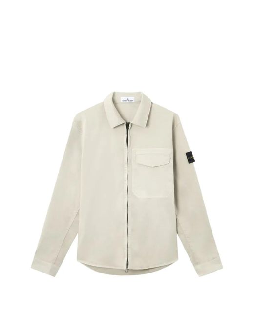 Stone Island White Logo-Patch Zip-Up Shirt for men