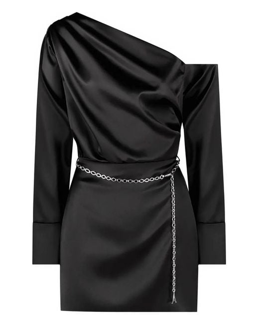 Manière De Voir Black One-Shoulder Draped Chain-Belt Satin Mini Dress