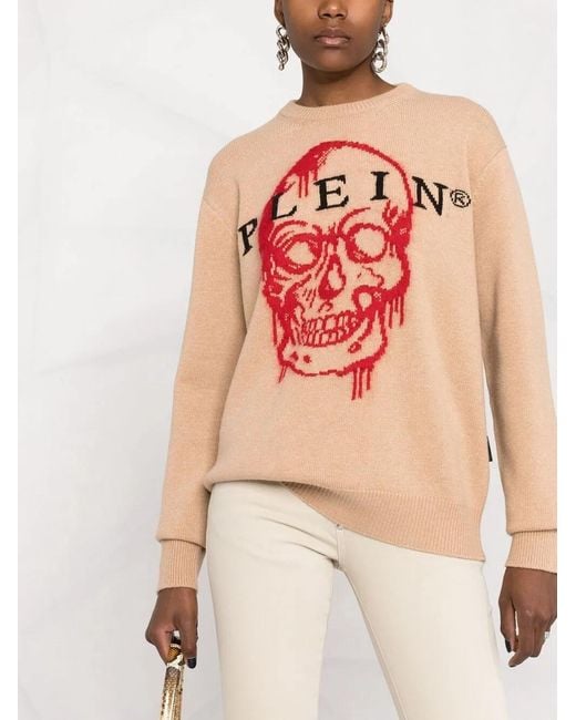 Philipp Plein Natural Intarsia-Knit Skull Jumper