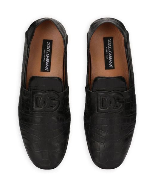 Dolce & Gabbana Black Dg Logo Embossed-crocodile Leather Loafers for men