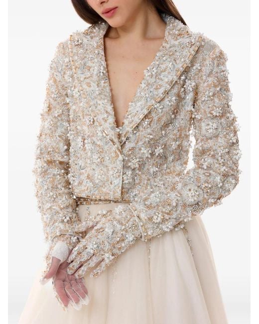 Dina Melwani White Embroidered Tulle Maxi Dress