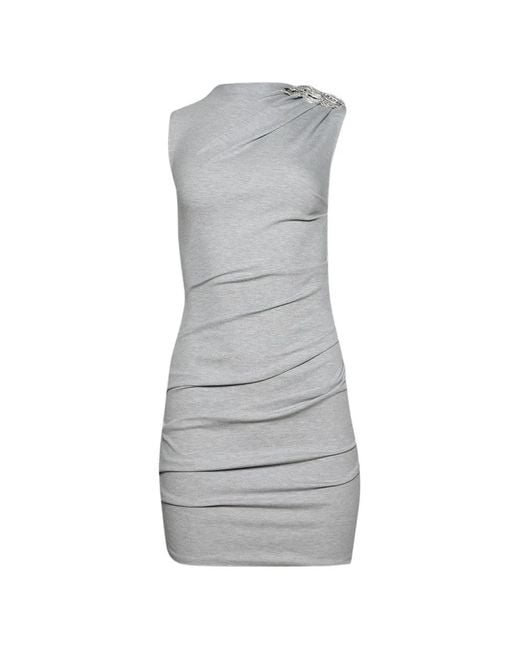 David Koma Gray Crystal Brooch Ruched Mini Dress