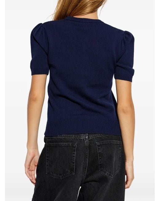 Ganni Blue Slogan-Print Puff-Sleeve T-Shirt