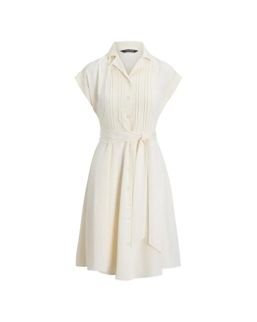 Ralph Lauren White Pin-Tucked Belted Dress