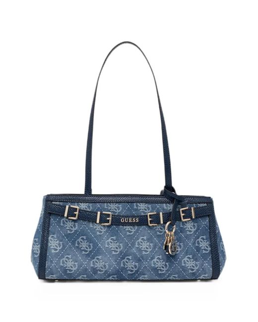Guess Blue Monogram-Print Denim Tote Bag