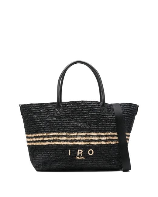 IRO Gestreepte Raffia Schoudertas in het Black