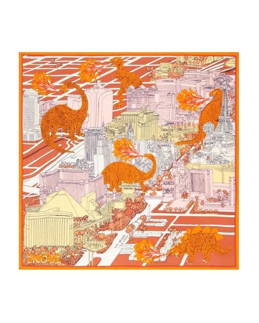 Inoui Edition Orange Vegas Dinosaur Printed Silk Scarf