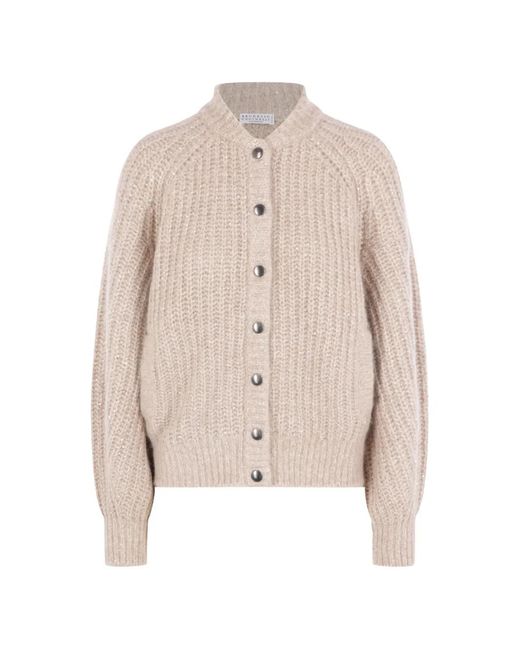 Brunello Cucinelli Natural Sequin-Embellished Ribbed Cardigan