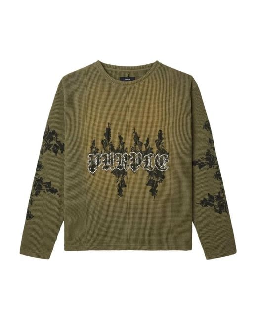 Purple Brand Green Flames Waffle-Knit Sweater for men