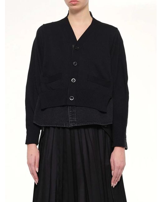 Sacai Black Denim-Panelled Knit Cardigan