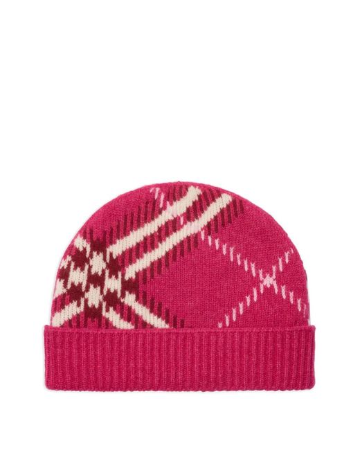 Burberry Red Check-Pattern Jacquard Beanie Hat for men
