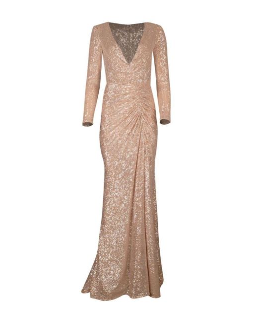 Reem Acra Natural Ruched Sequined Gown