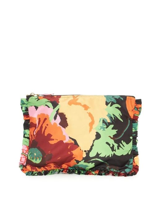 LaDoubleJ Green Floral-Print Zipped Clutch Bag