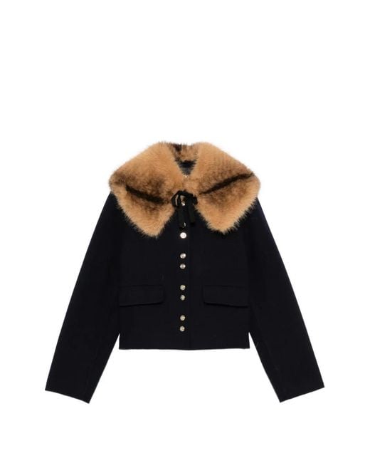 Maje Black Faux-Fur Collar Button-Down Coat