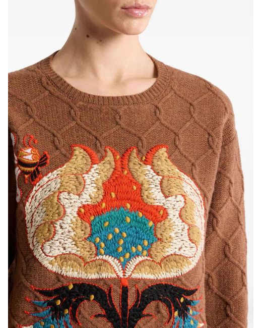 Etro Brown Cable-Knit Floral-Embroidered Sweater