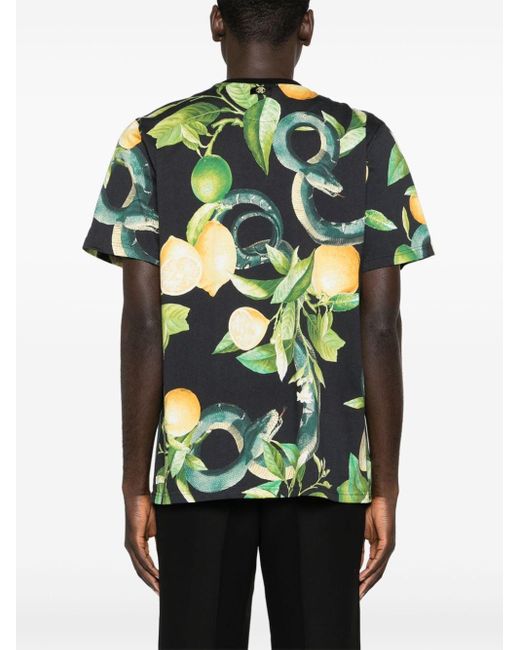 Roberto Cavalli Green Lemon-print Cotton T-shirt for men