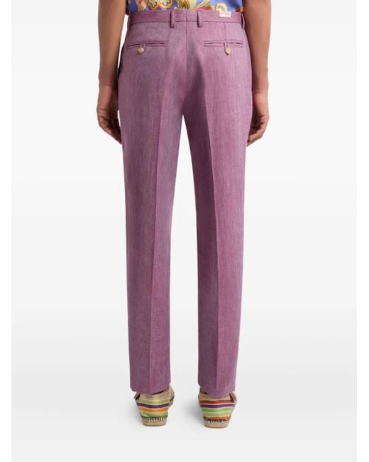 Etro Purple Slub Linen Trousers for men