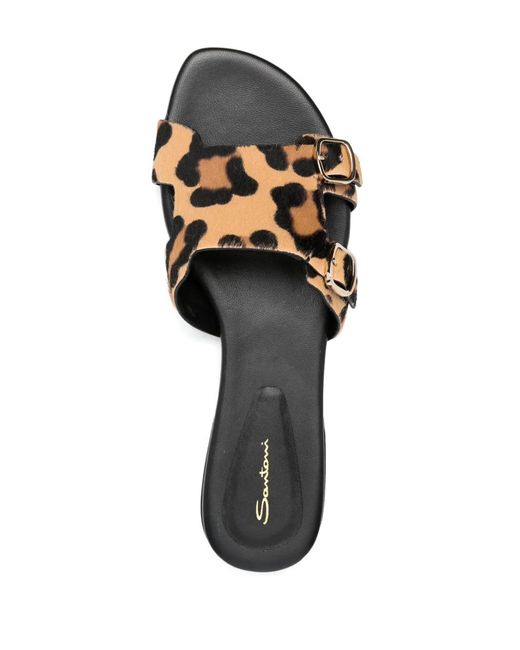 Santoni Brown Leopard-Print Double-Buckle Slides