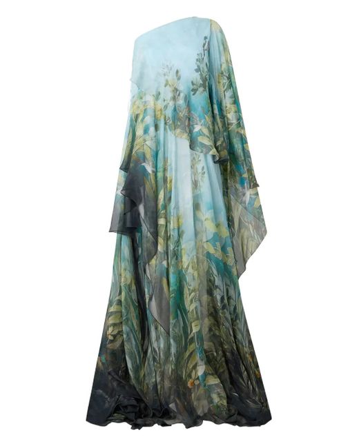 Roberto Cavalli Green One-Shoulder Nature-Print Dress