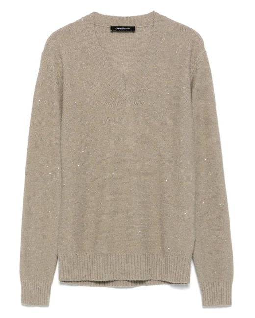 Fabiana Filippi Natural Sequin-Embellished V-Neck Sweater