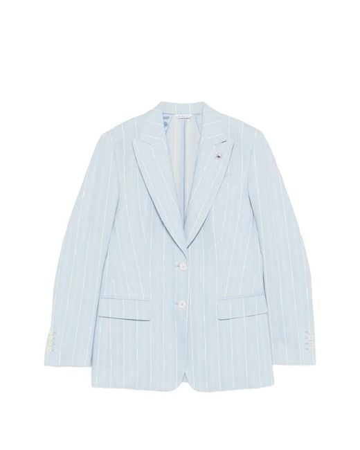 Manuel Ritz Blue Pinstripe-Pattern Peak-Lapels Jacket