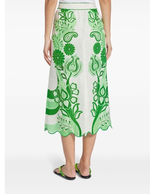 Farm Rio Green Scalloped-print Midi-skirt