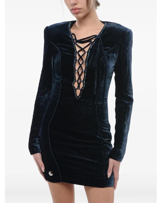 Philipp Plein Black Lace-Up Rhinestone-Embellished Mini Dress